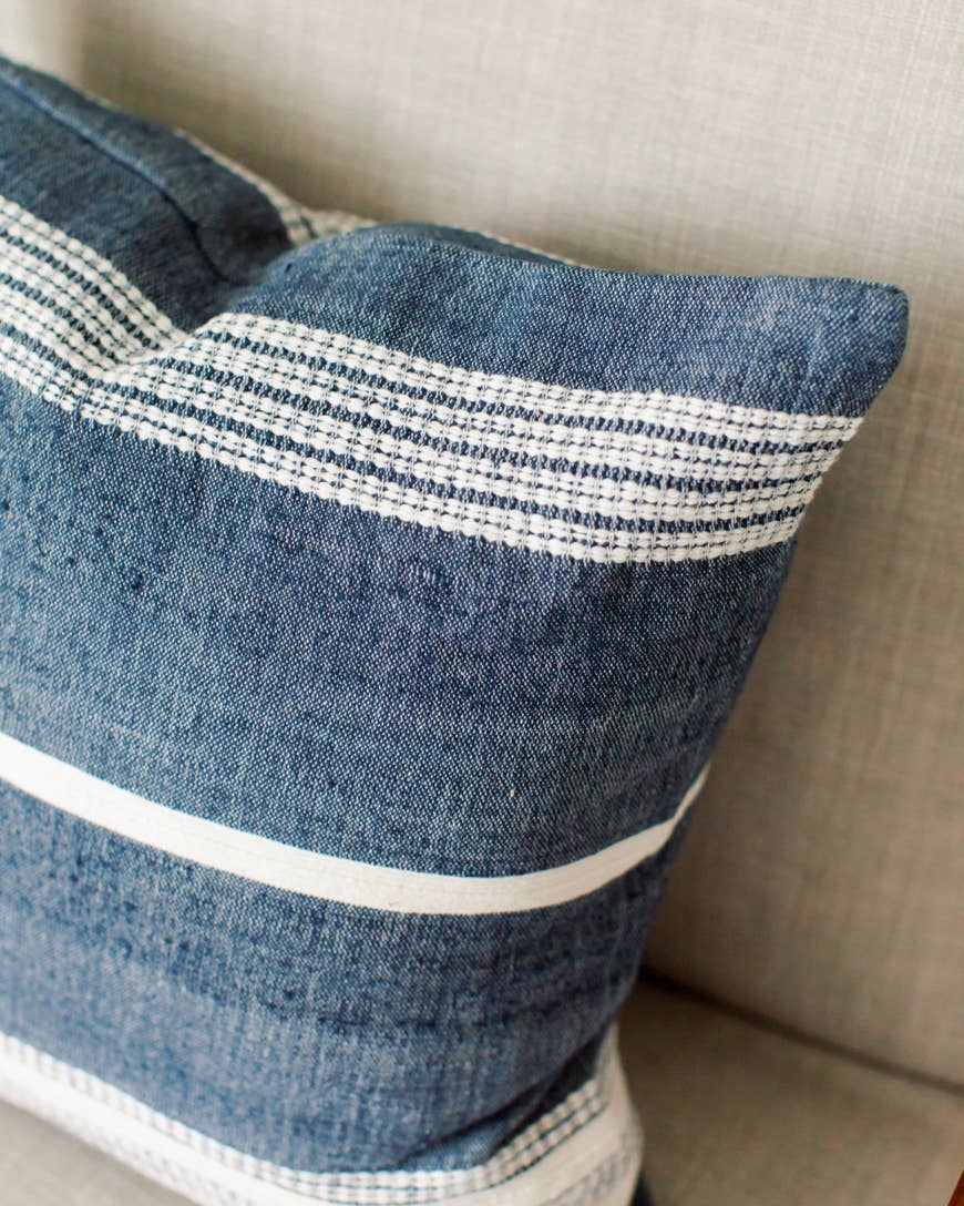 Creative Women - 18" Aden Cotton Throw Pillow Cover: Natural with Navy