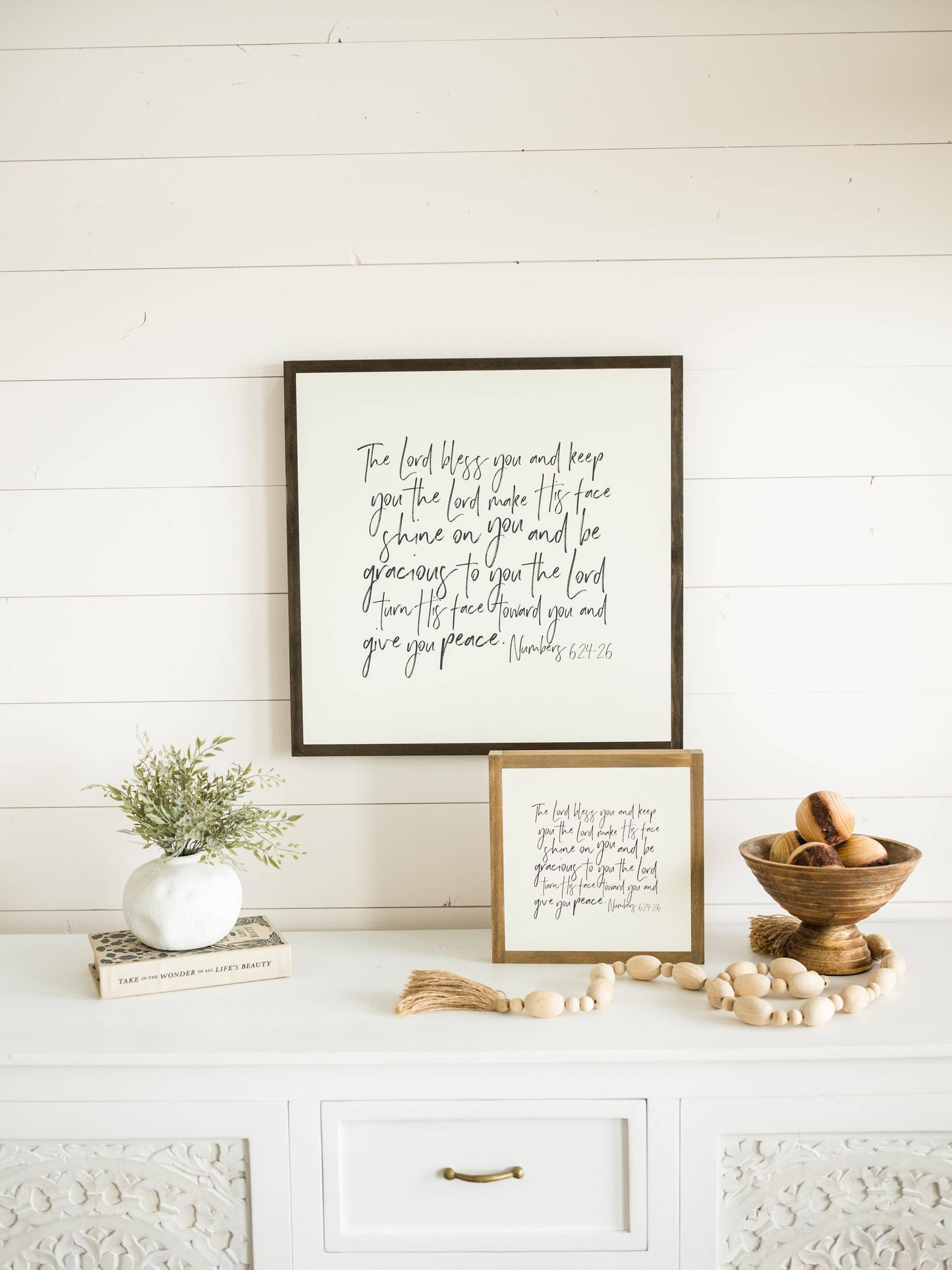 The Lord Bless You | Wall Art: Soft White-Black Text / Dark Brown Frame / 24 inches x 24 inches