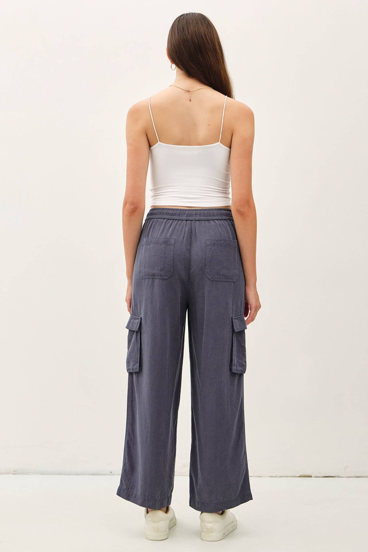 Tencel High Rise Drawstring Wide Leg Cargo Pant: