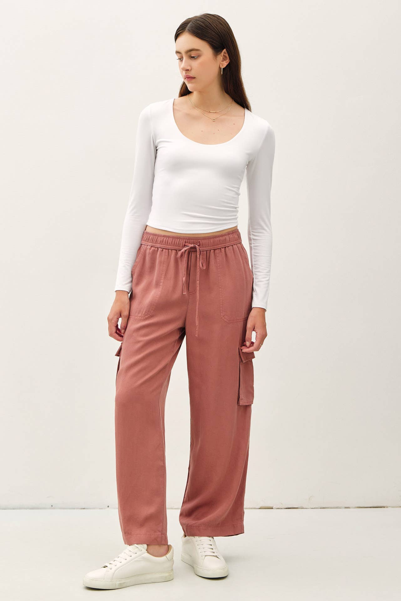 Tencel High Rise Drawstring Wide Leg Cargo Pant: