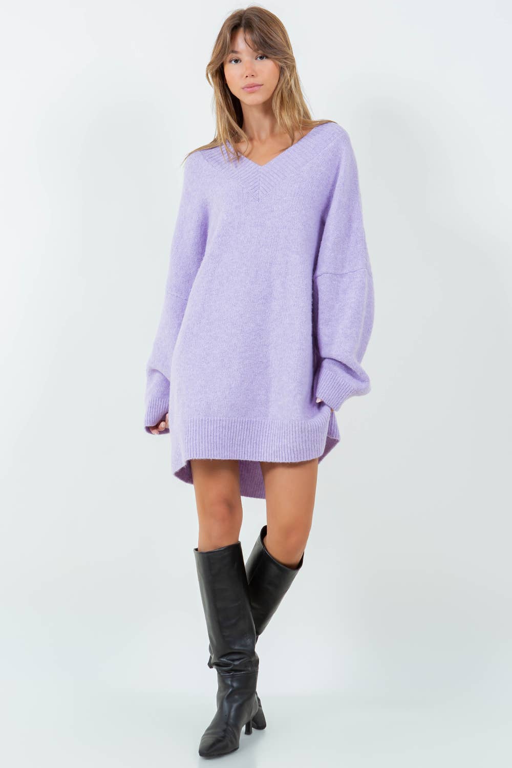30% OFF- Oversized V-Neck Fuzzy Knitdown Sweater: LAVENDER