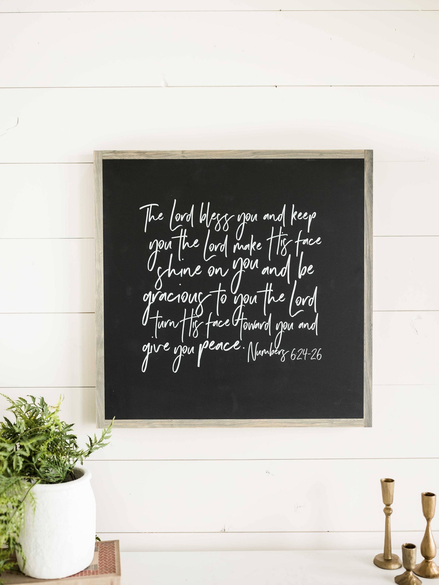 The Lord Bless You | Wall Art: Soft White-Black Text / Dark Brown Frame / 24 inches x 24 inches