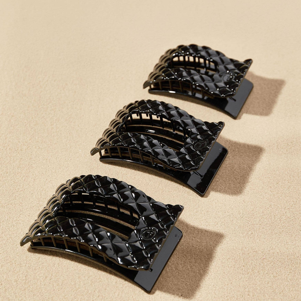 TELETIES - Jet Black Quilted | Large | Flat Rectangle Hair Clip