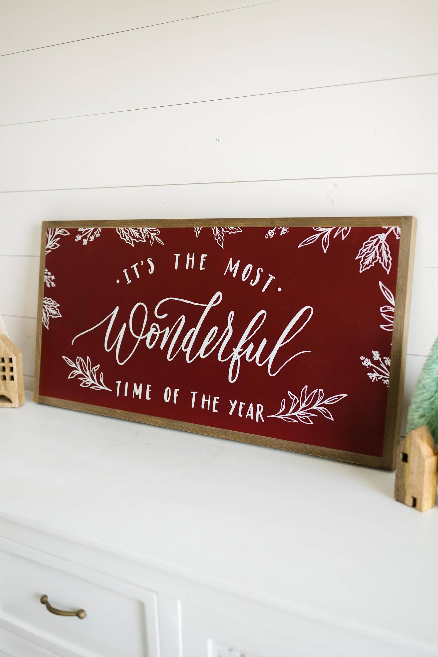 Joyfully Said - It's the Most Wonderful Time of the Year | Wall Art: Red / Light Brown Frame / 36 inches x 18 inches