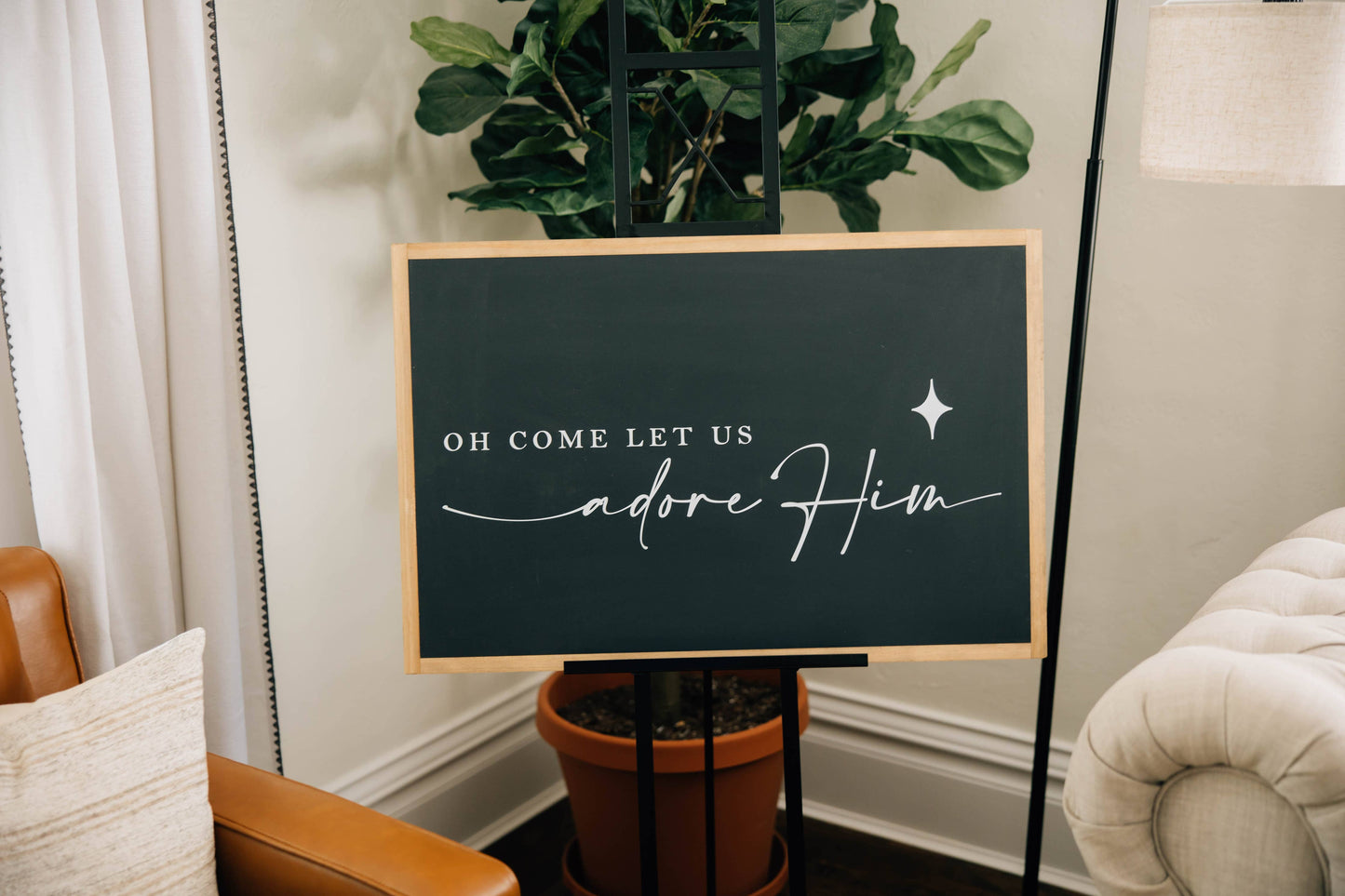 Let Us Adore Him: Red-White Text / Dark Brown Frame / 24 inches x 16 inches