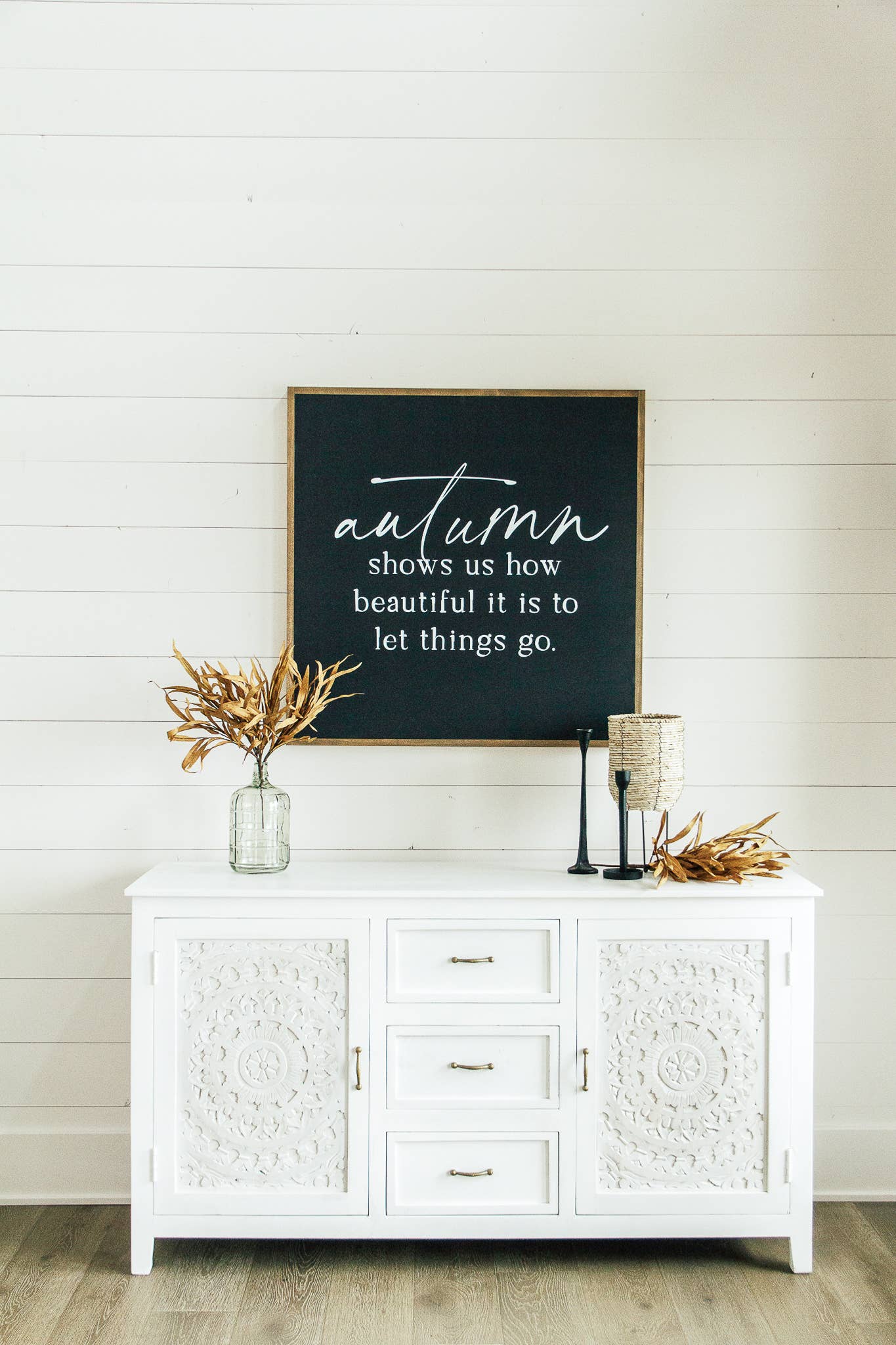 Autumn Shows Us | Wall Art: Soft White-Black Text / Dark Brown Frame / 12 inches x 12 inches