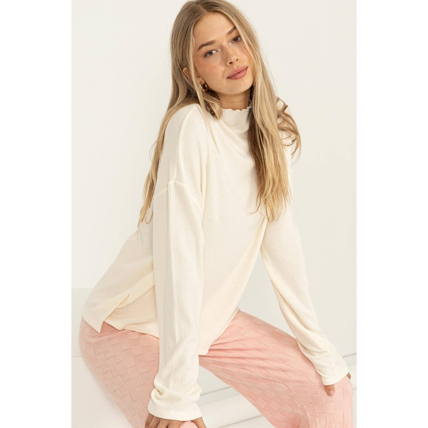 Oversized High Neck Top With Side Slit: DUSTY PINK