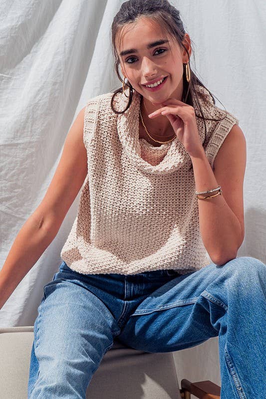 Sleeveless Cowl Neck Crochet Top: CREAM