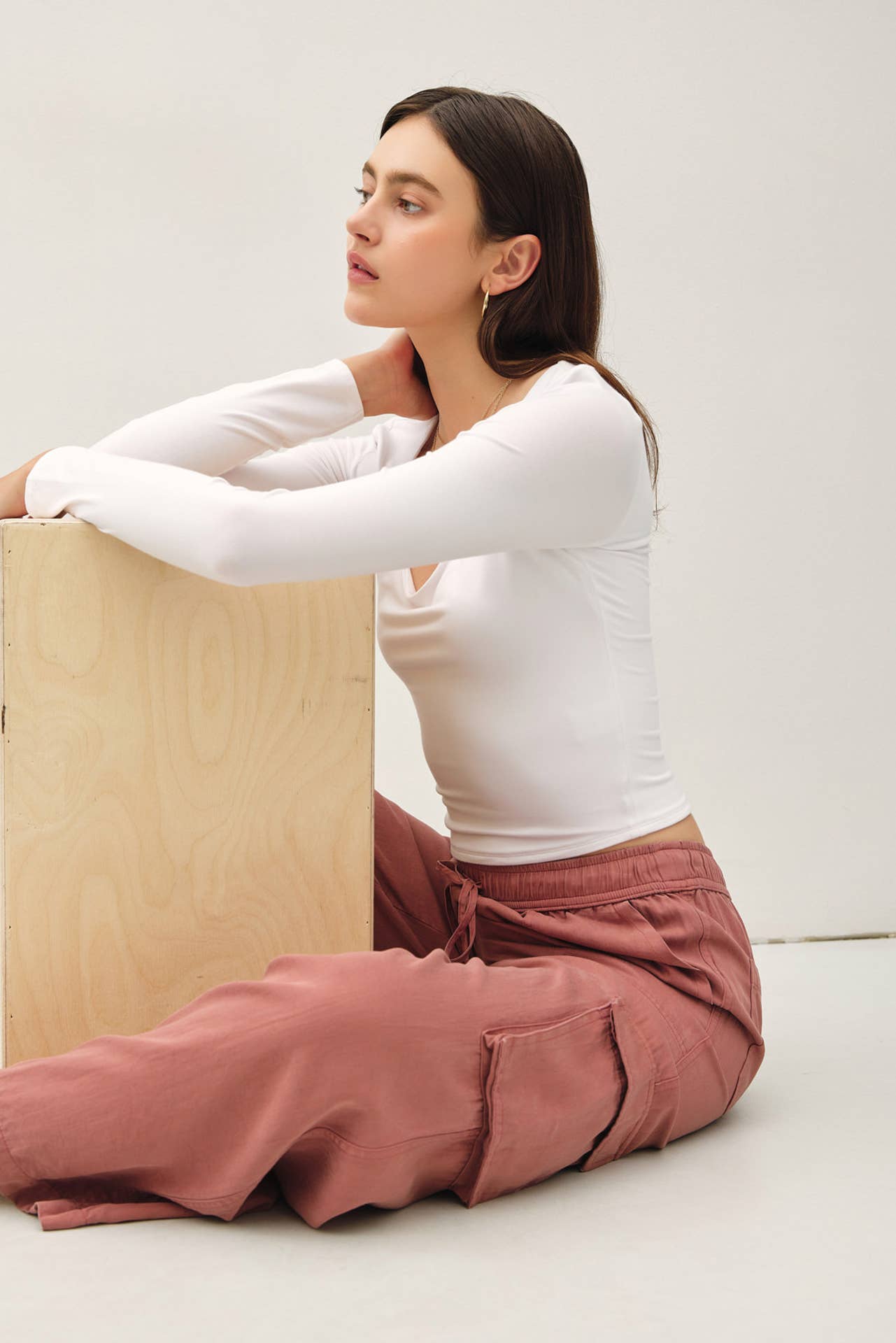 Tencel High Rise Drawstring Wide Leg Cargo Pant: