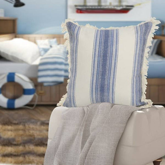 Coastal Striped Blue and Cream Throw Pillow: Navy/Blue/Ivory / Poly Filled