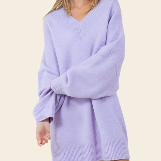 Oversized V-Neck Fuzzy Knitdown Sweater: LAVENDER
