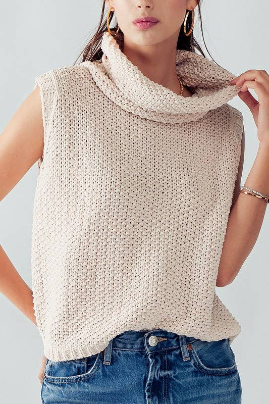 Sleeveless Cowl Neck Crochet Top: CREAM