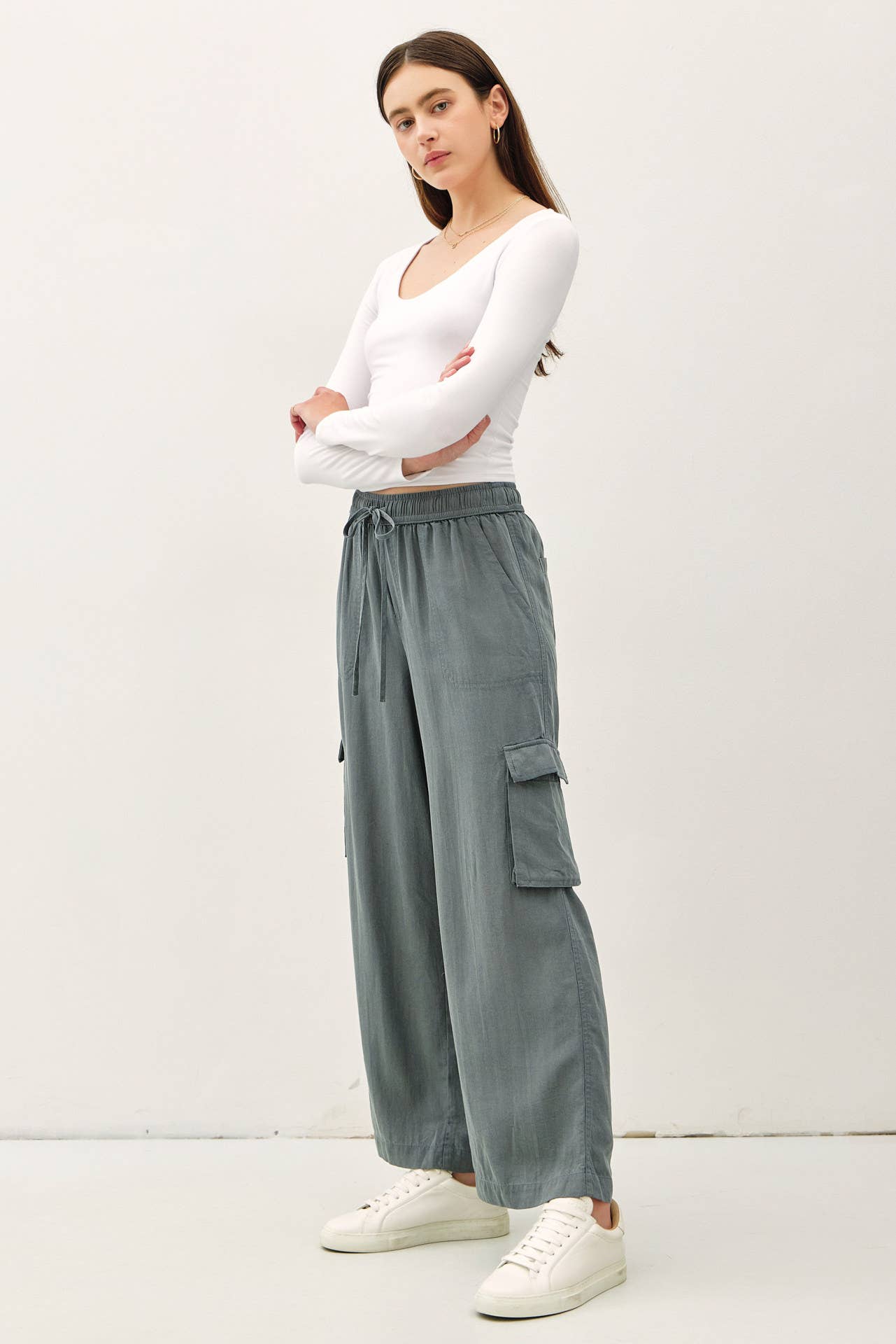 Tencel High Rise Drawstring Wide Leg Cargo Pant: