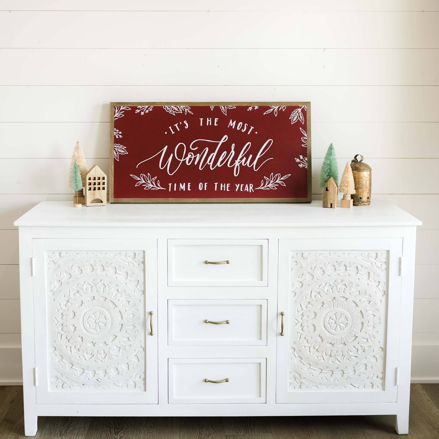 Joyfully Said - It's the Most Wonderful Time of the Year | Wall Art: Red / Light Brown Frame / 36 inches x 18 inches