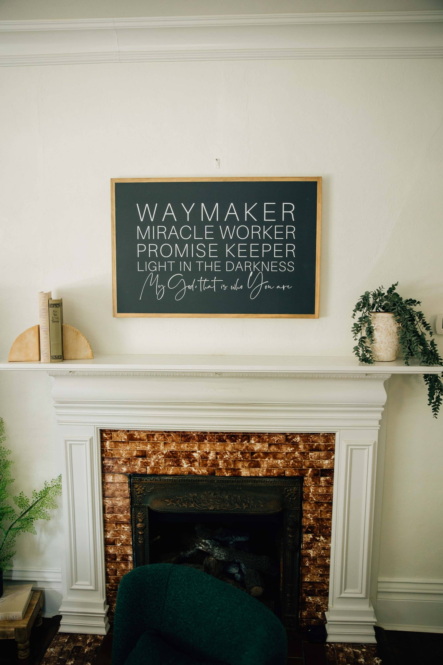 Waymaker | Wall Art: Soft White-Black Text / Light Brown Frame / 24 inches x 16 inches