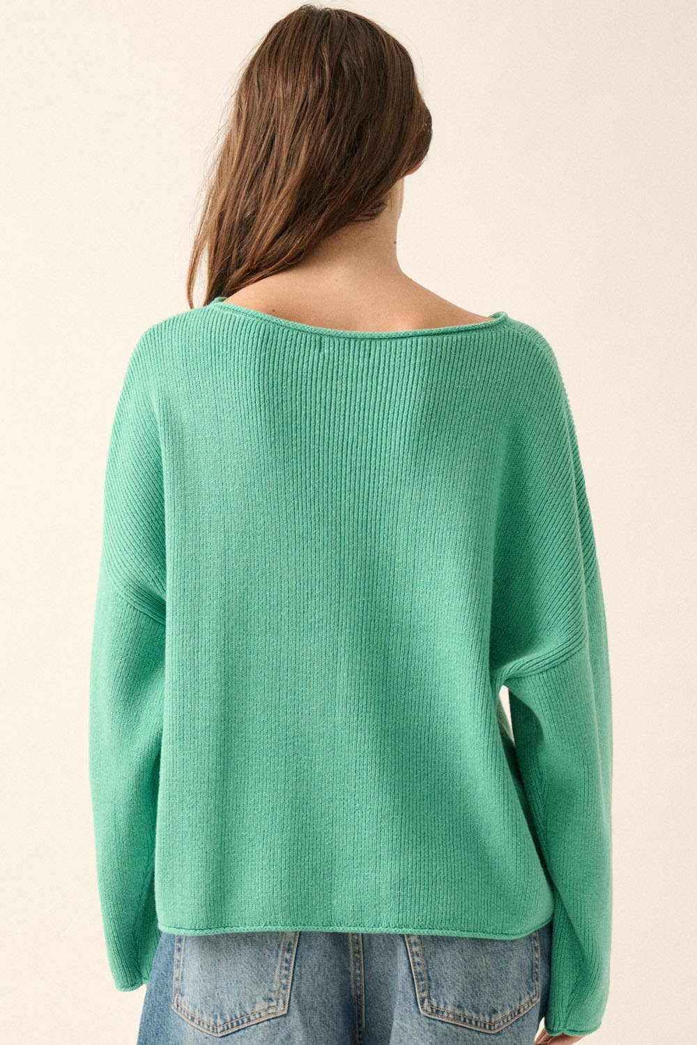 Solid Rib-Knit Oversized Boatneck Sweater : PINE GREEN