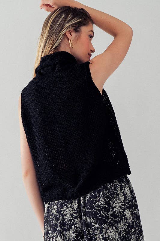 Sleeveless Cowl Neck Crochet Top: CREAM