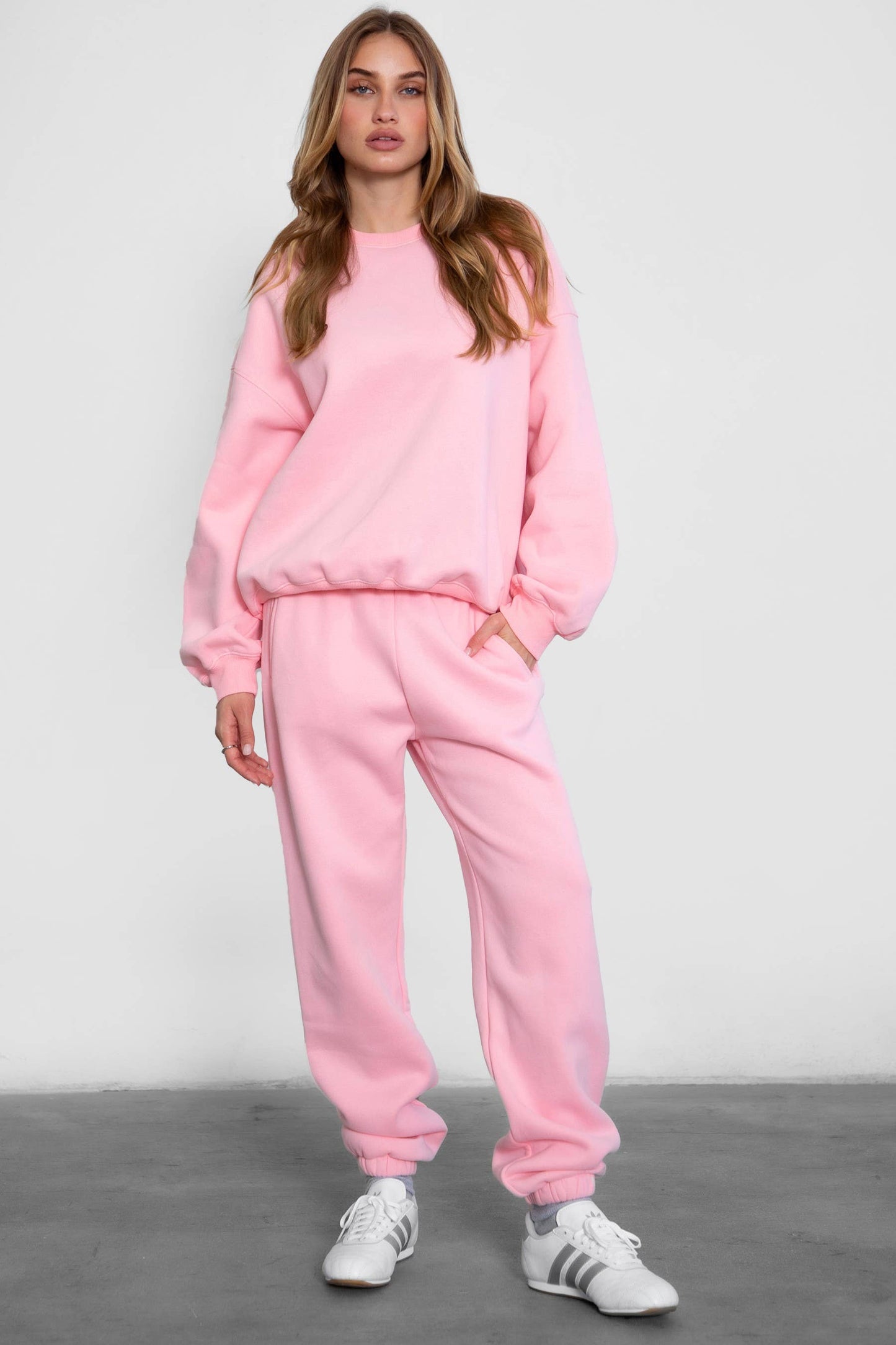 Varsity Fleece Crew Neck Pullover Sweatshirt: BLUSH