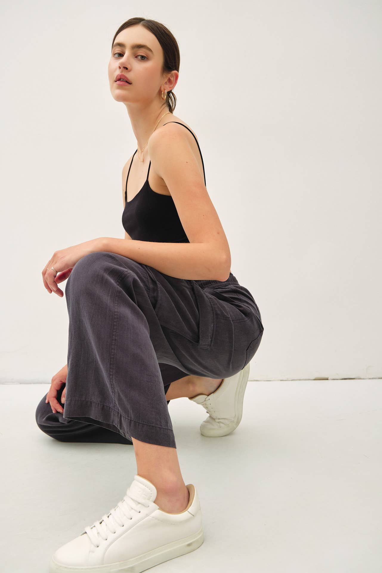 Tencel High Rise Drawstring Wide Leg Cargo Pant: