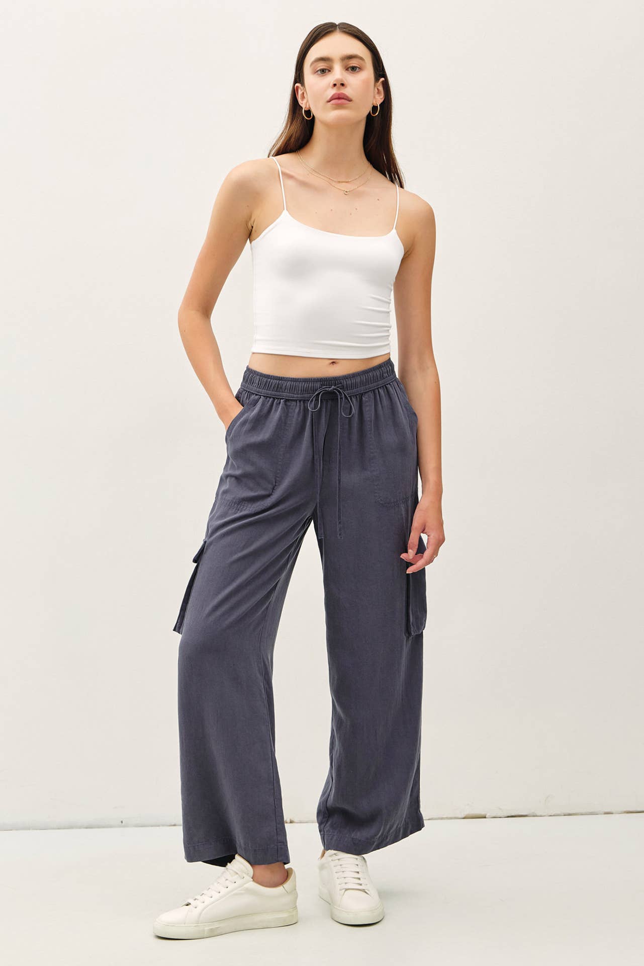 Tencel High Rise Drawstring Wide Leg Cargo Pant: