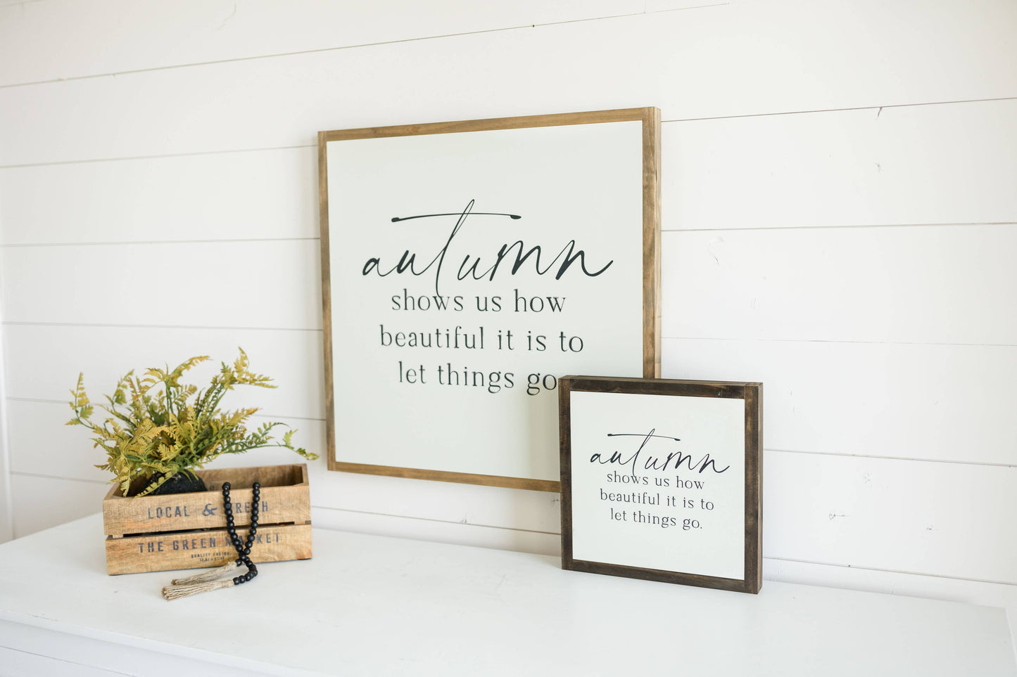Autumn Shows Us | Wall Art: Soft White-Black Text / Dark Brown Frame / 24 inches x 24 inches
