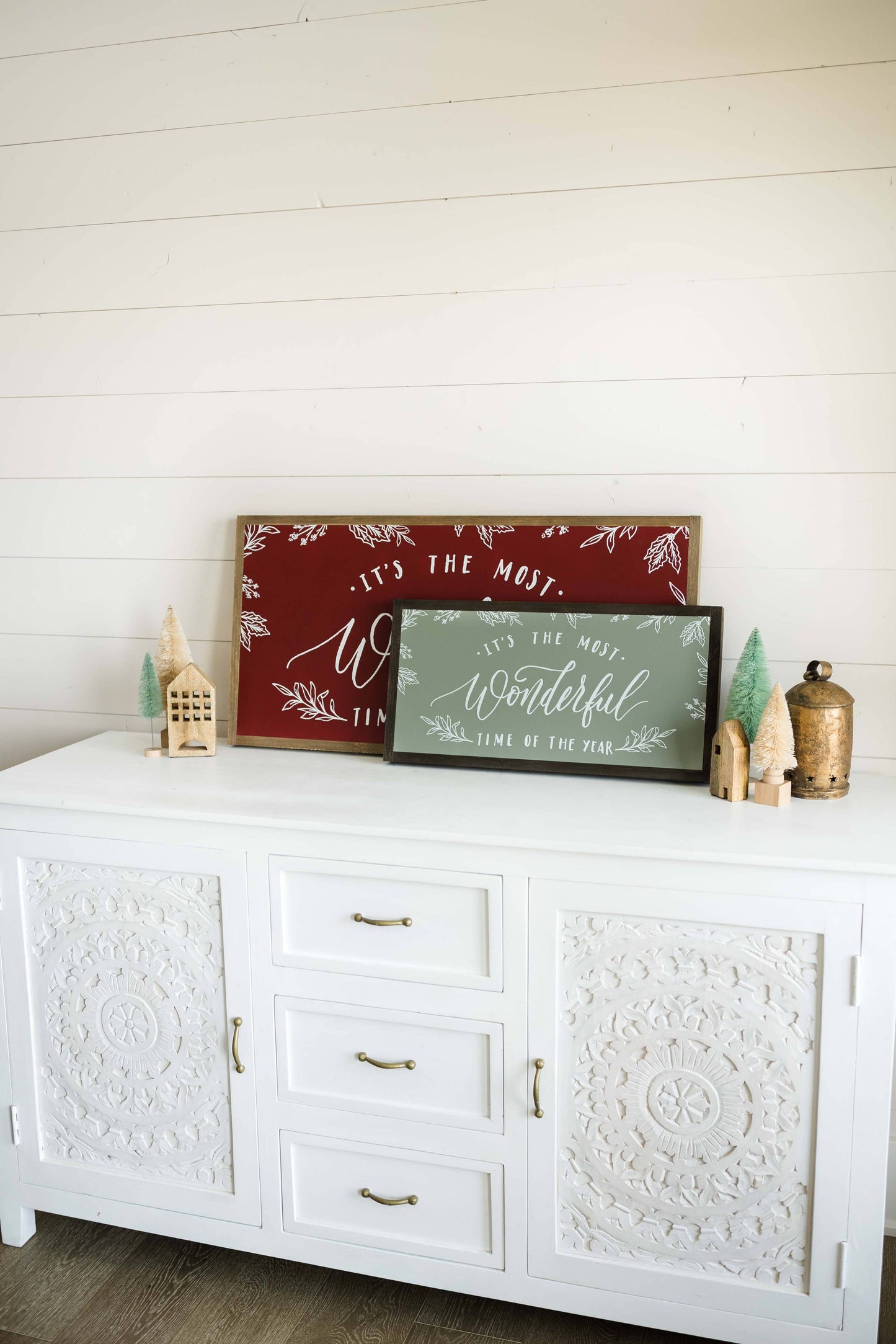 Joyfully Said - It's the Most Wonderful Time of the Year | Wall Art: Red / Light Brown Frame / 36 inches x 18 inches