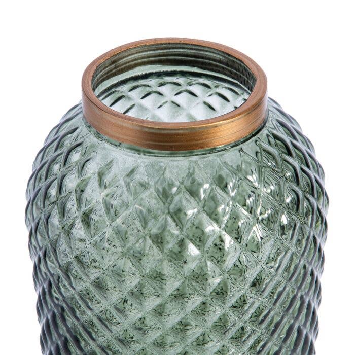 Olive Glass Flower Vase with Decorative Texture
