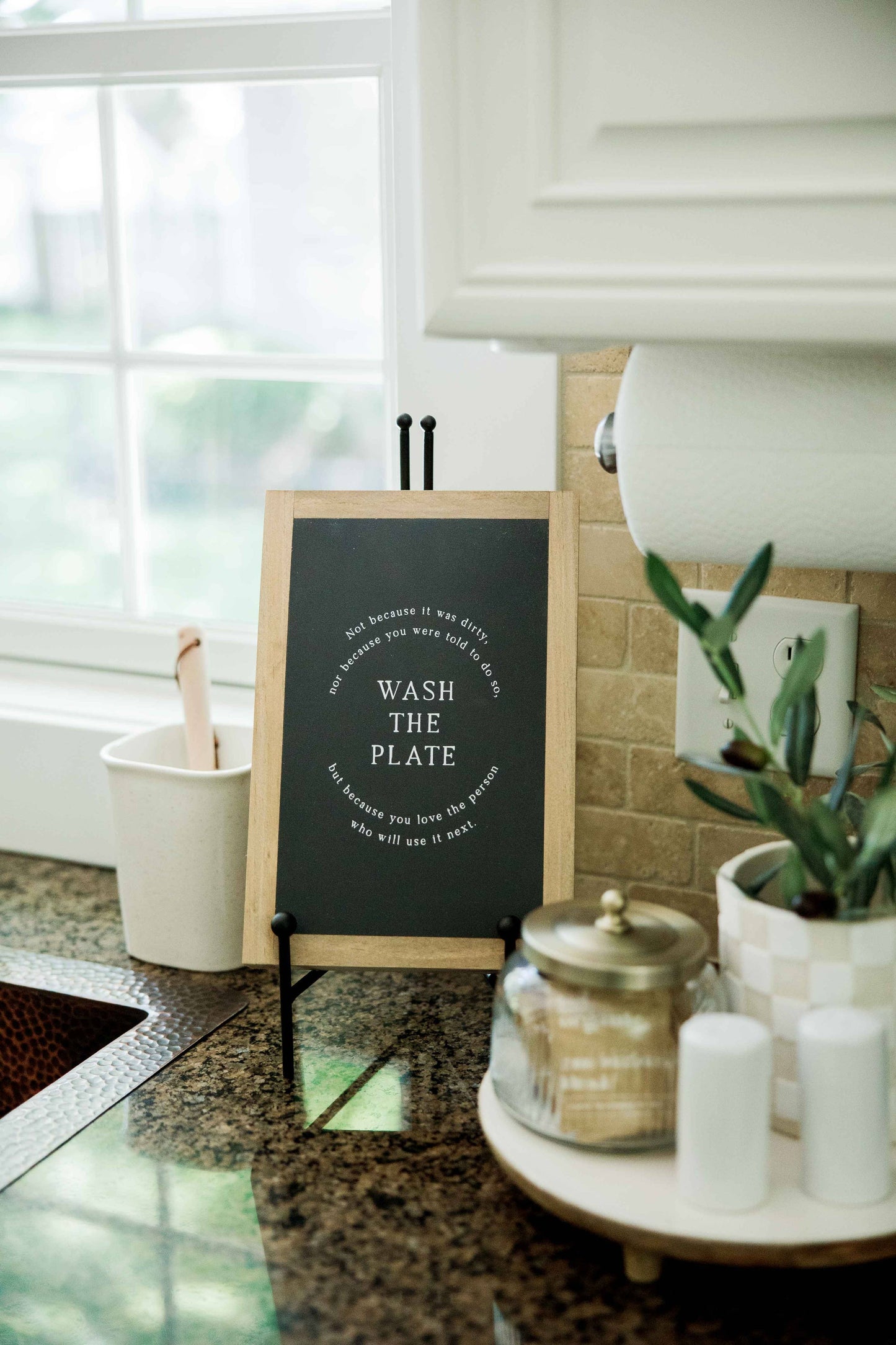 Wash the Plate | Wall Art: Black-White Text / Dark Brown Frame / 8 inches x 12 inches