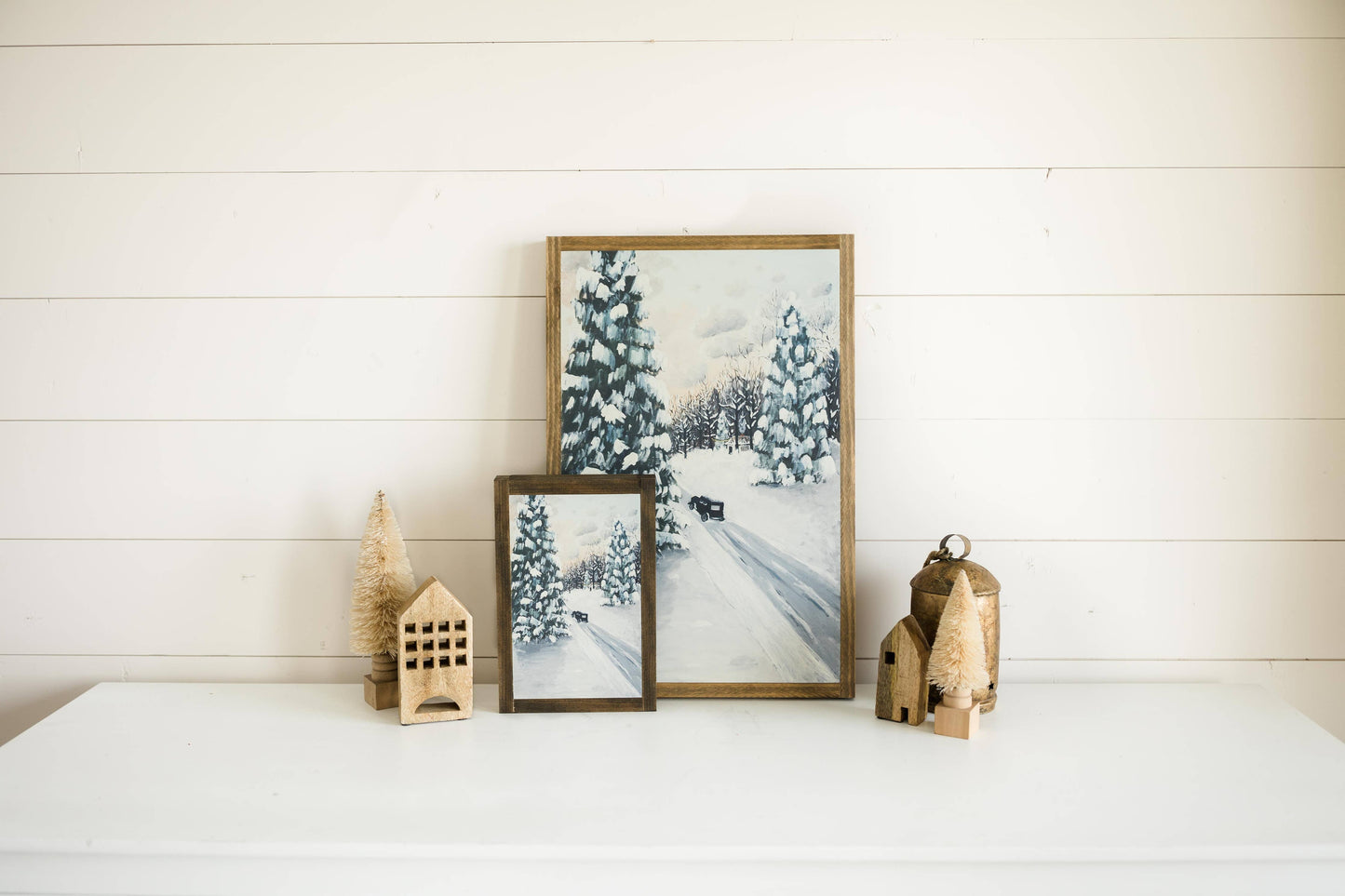 The Cottage After a Snowfall | Fine Art: Light Brown Frame / 16 inches x 24 inches