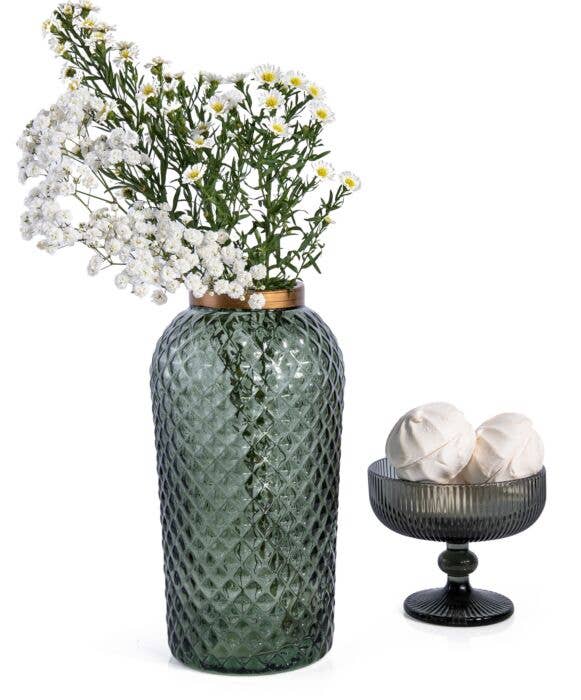 Olive Glass Flower Vase with Decorative Texture