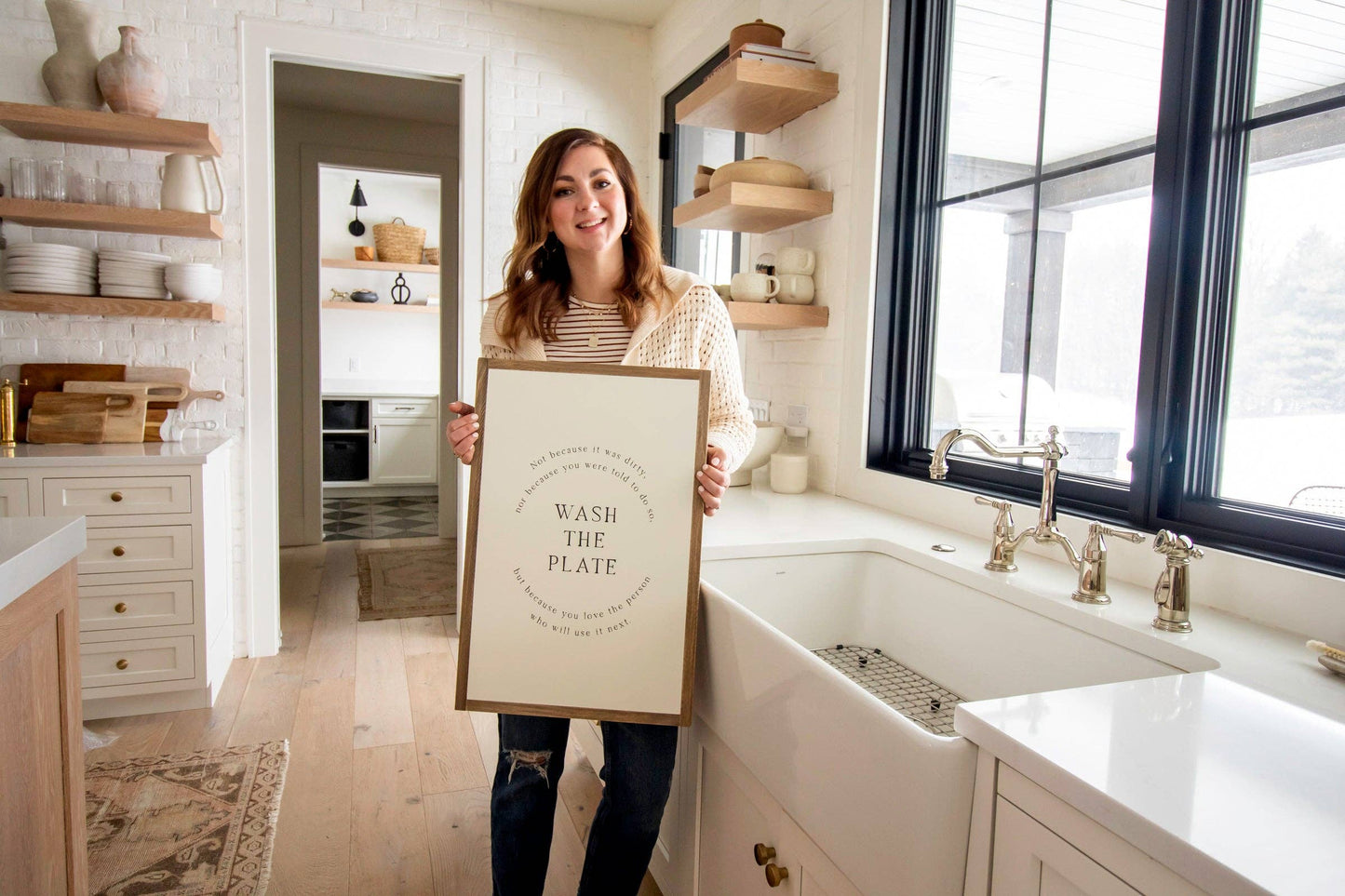 Wash the Plate | Wall Art: Black-White Text / Dark Brown Frame / 8 inches x 12 inches