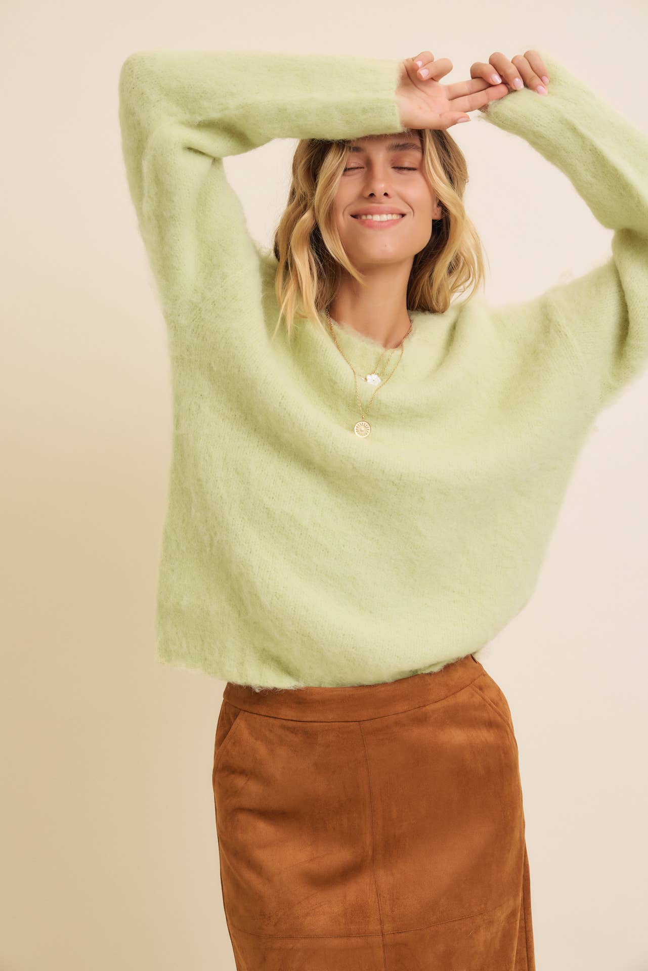 Fluffy Brushed Long-sleeved Round Neck Sweate: SAGE