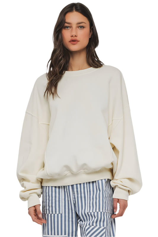 Crew Neck Comfort Washed Organic Cotton Spring Sweatshirt: CHALK