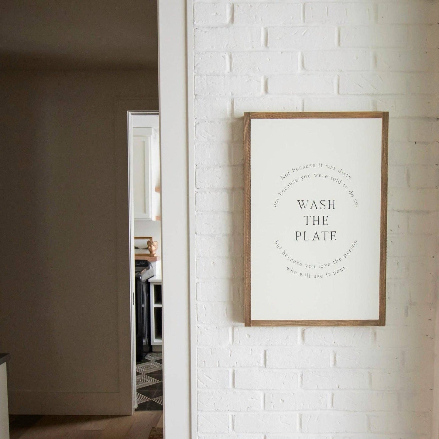 Wash the Plate | Wall Art: Black-White Text / Dark Brown Frame / 8 inches x 12 inches