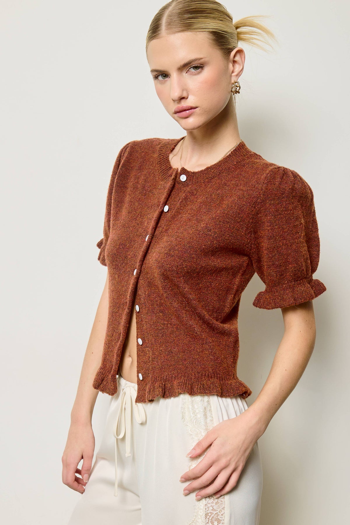 Mimosa - Puff Sleeve Ruffle Hem Knit Cardigan: Ivory / M