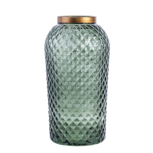 Olive Glass Flower Vase with Decorative Texture
