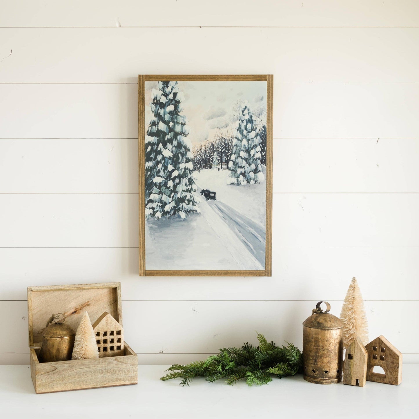 The Cottage After a Snowfall | Fine Art: Light Brown Frame / 16 inches x 24 inches