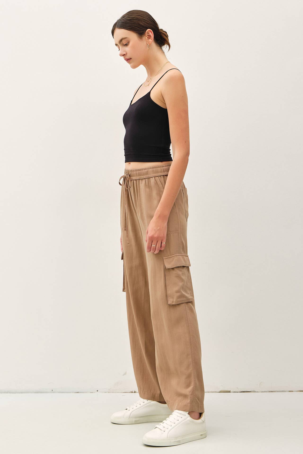 Tencel High Rise Drawstring Wide Leg Cargo Pant: