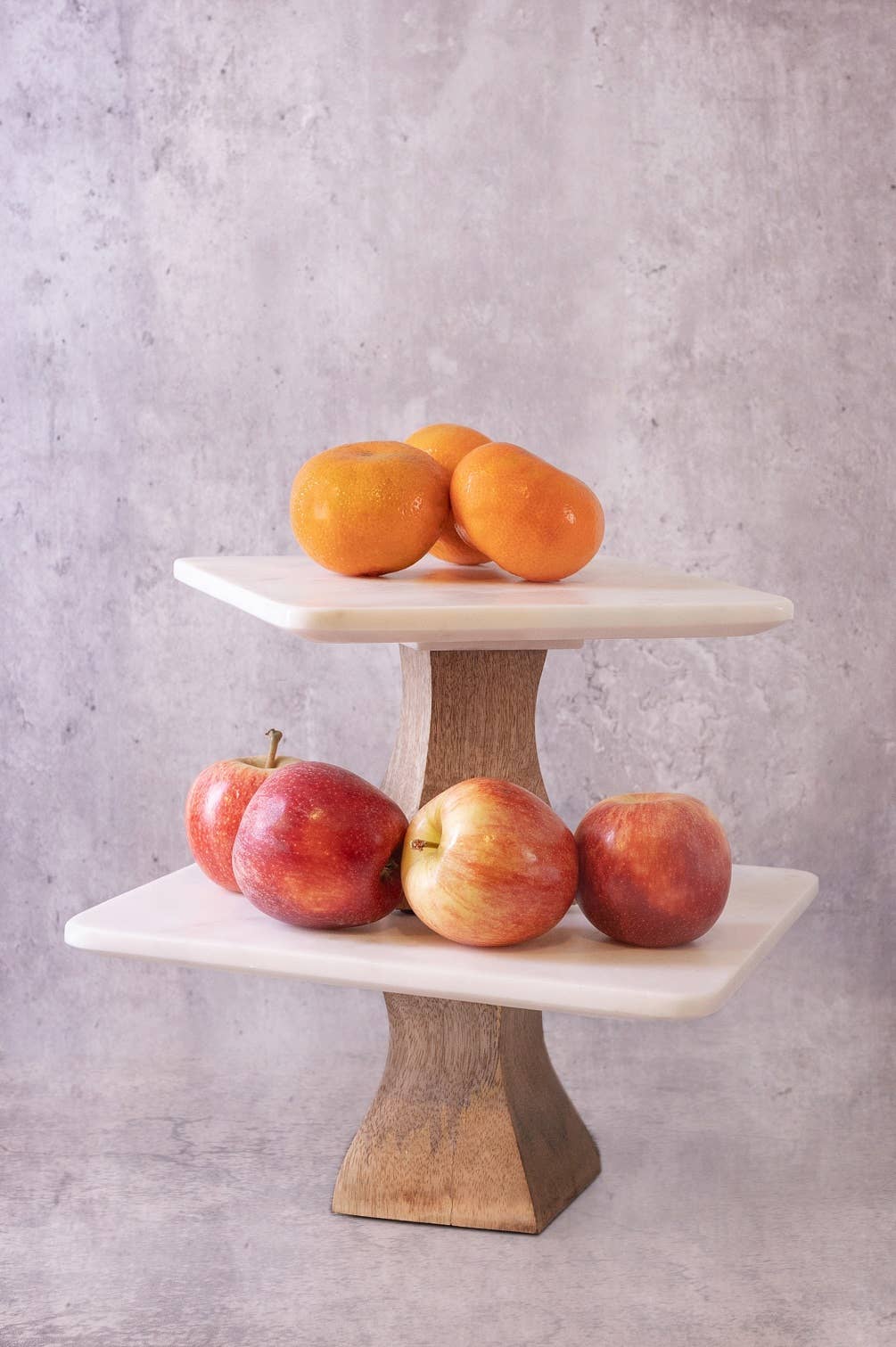 White Marble Square Cake Plate W/Mango Wood Base- Medium