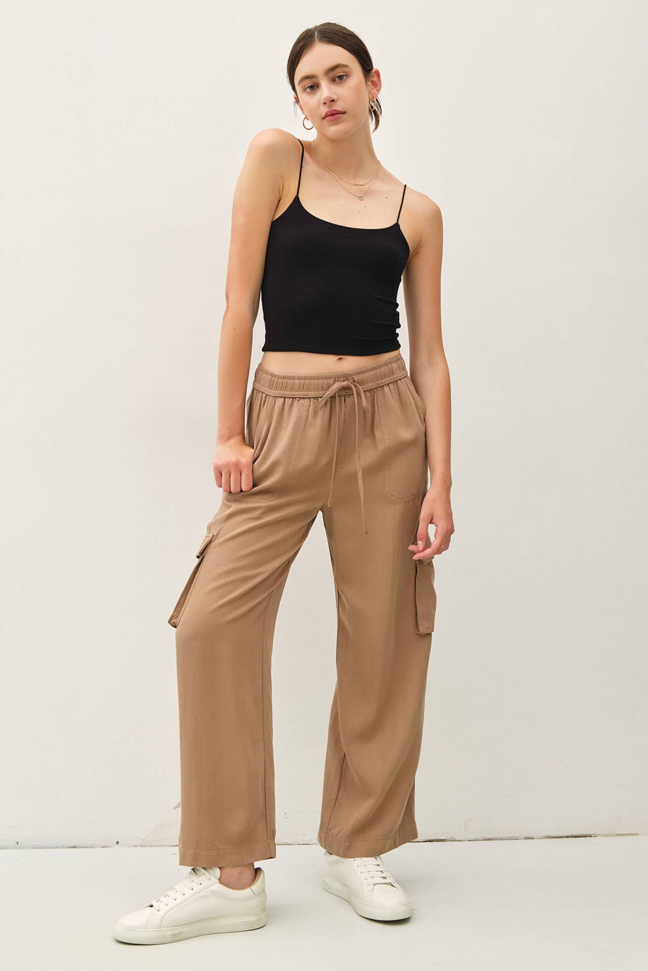 Tencel High Rise Drawstring Wide Leg Cargo Pant:
