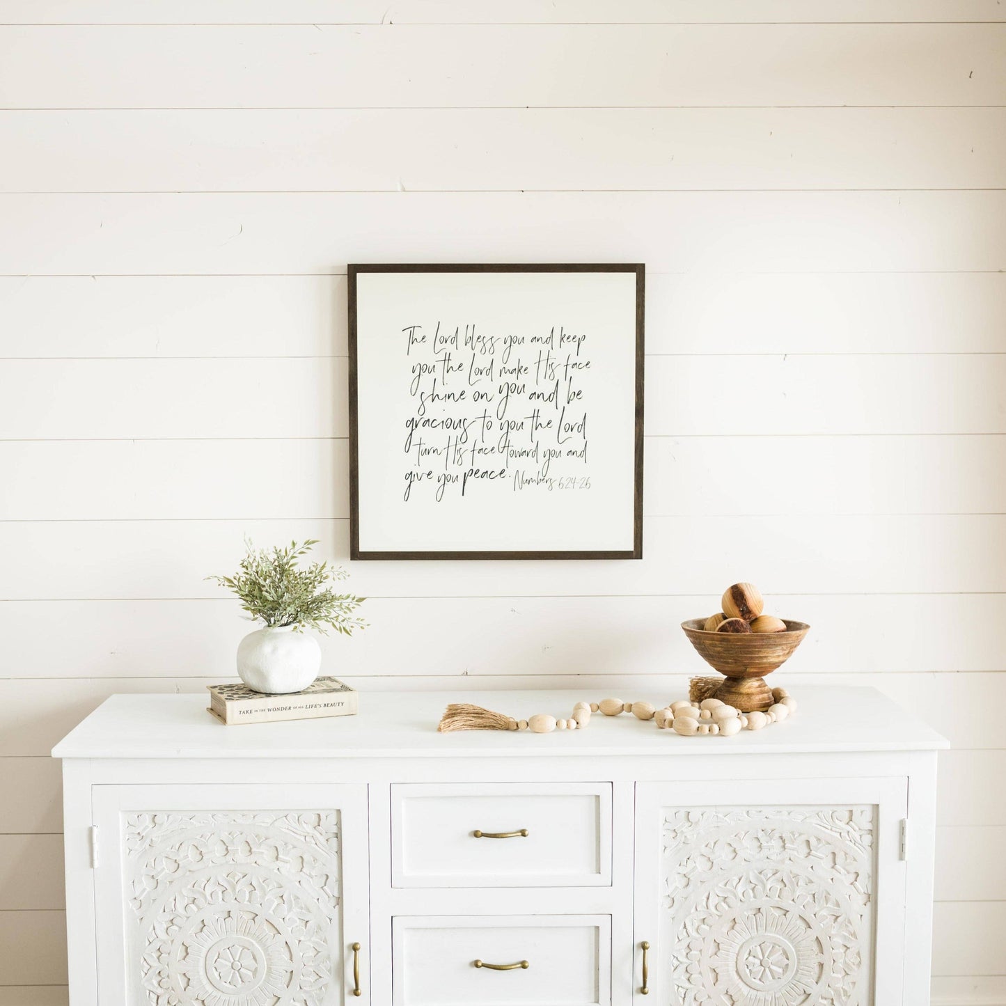 The Lord Bless You | Wall Art: Soft White-Black Text / Dark Brown Frame / 24 inches x 24 inches