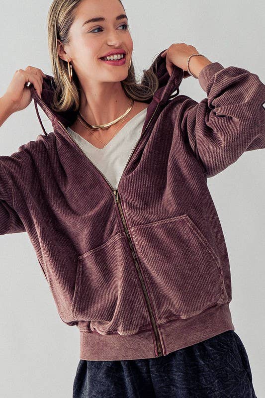 Emily Oversized Vintage Zip Up Hoodie: MAROON