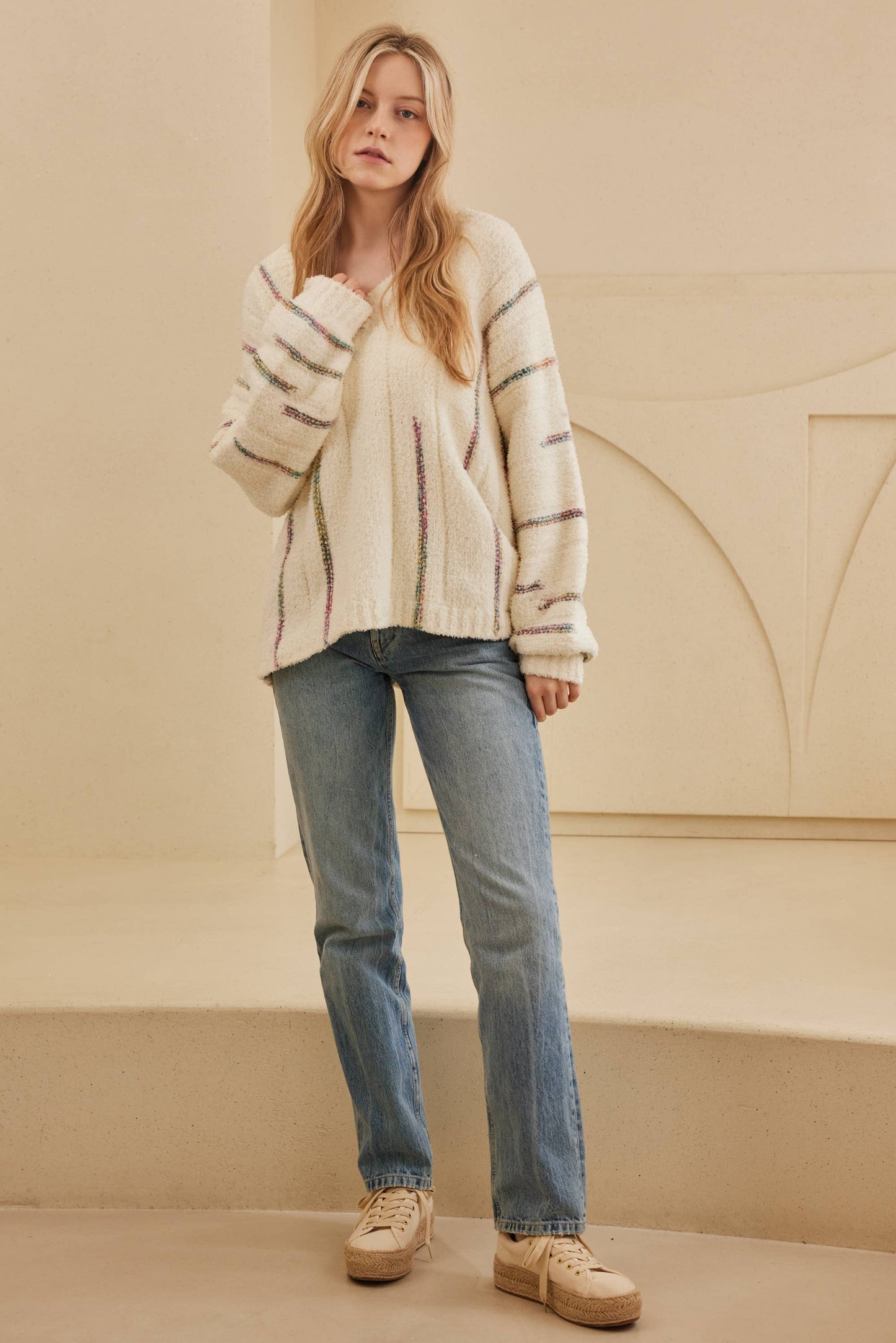 Oversize Sweater with Stripe Detail: IVORY