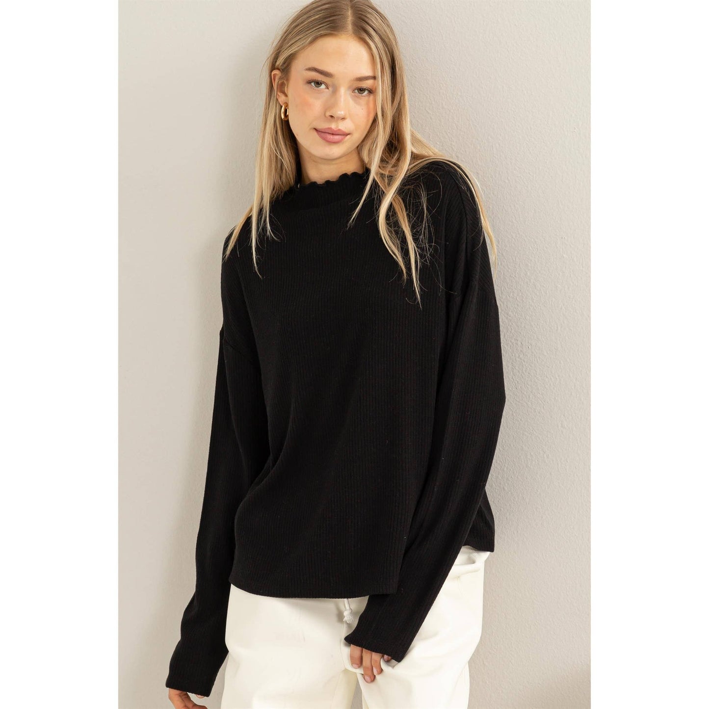 Oversized High Neck Top With Side Slit: DUSTY PINK
