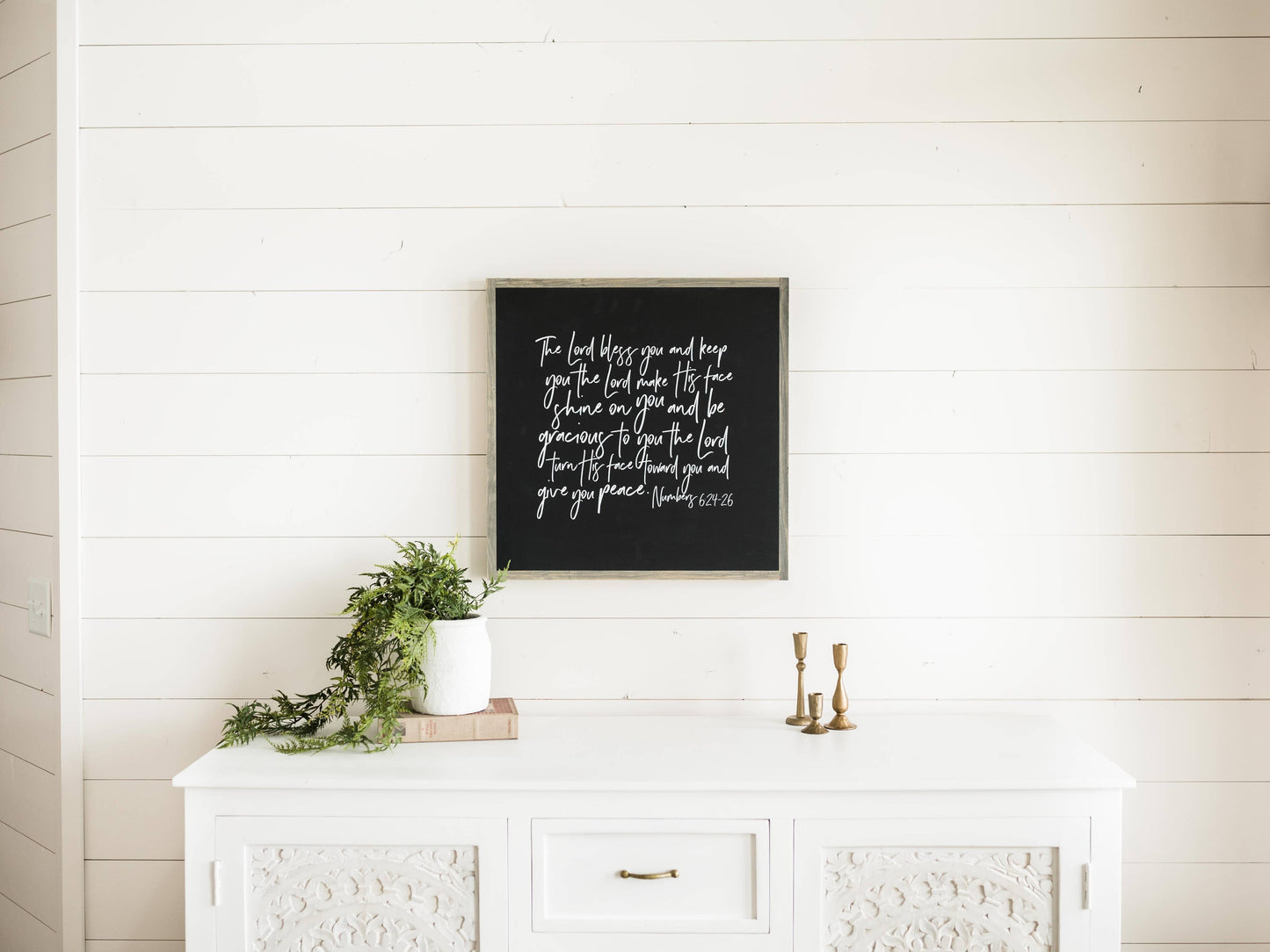 The Lord Bless You | Wall Art: Soft White-Black Text / Dark Brown Frame / 24 inches x 24 inches