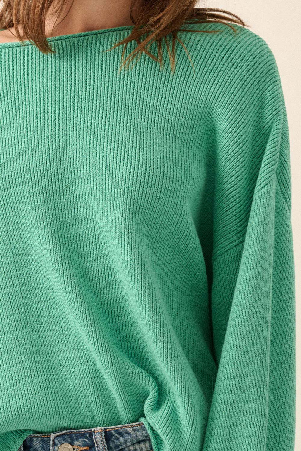 Solid Rib-Knit Oversized Boatneck Sweater : PINE GREEN