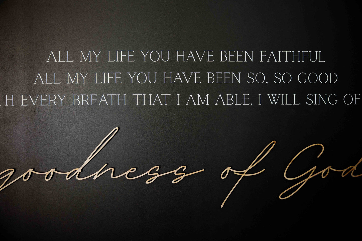 Goodness of God: Soft White-Black Text / Light Brown Frame / 45 inches by 23 inches