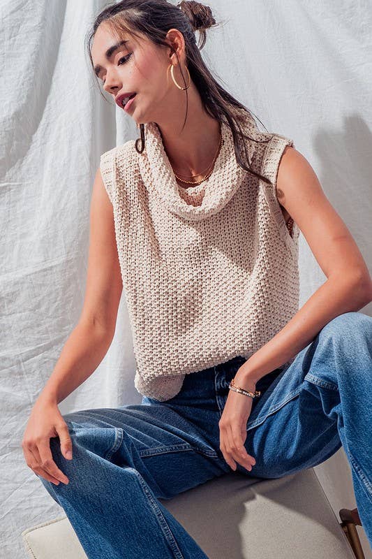 Sleeveless Cowl Neck Crochet Top: CREAM