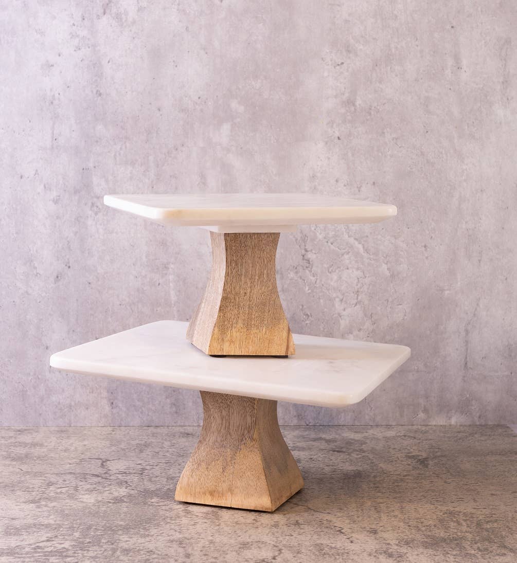 White Marble Square Cake Plate W/Mango Wood Base- Medium