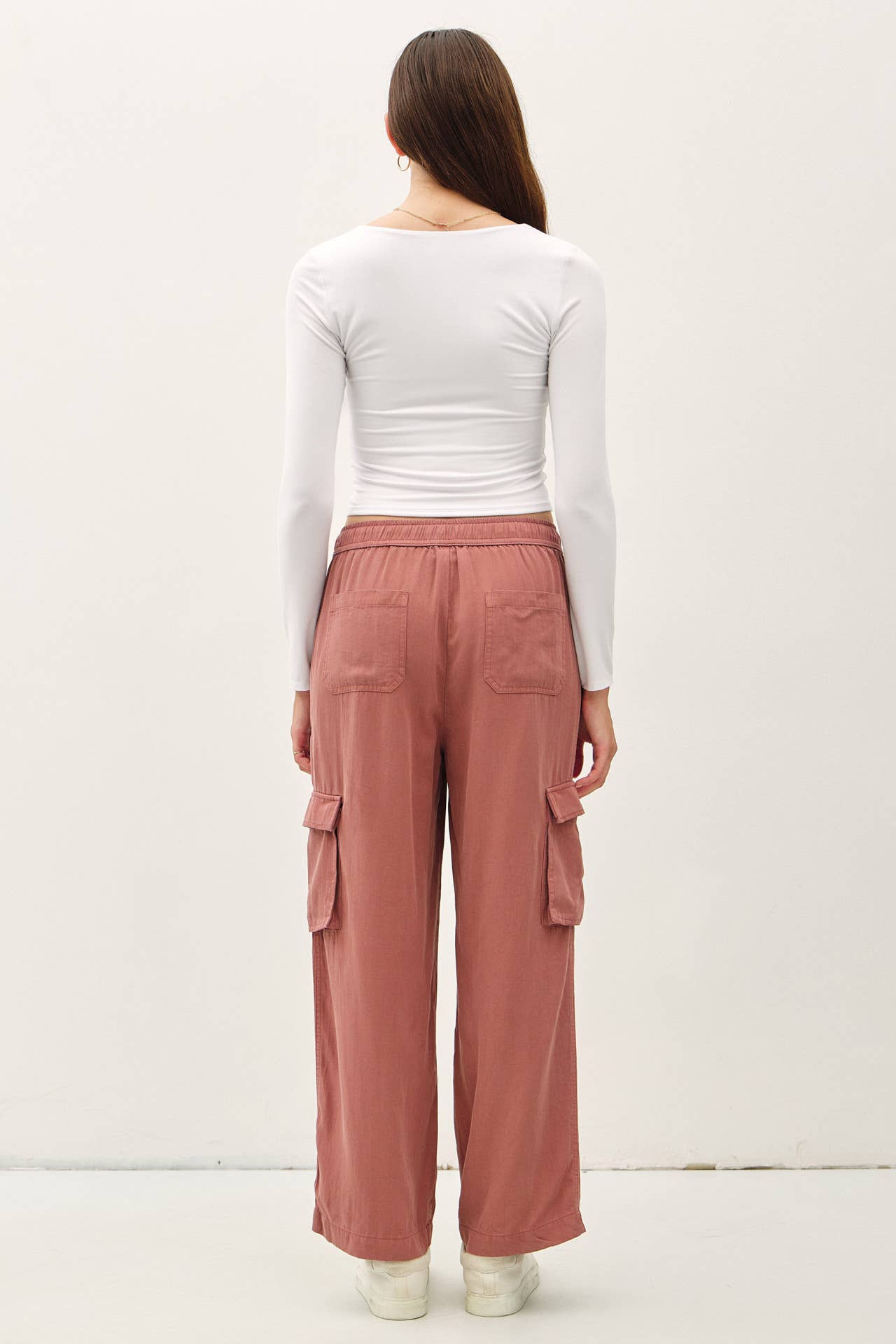 Tencel High Rise Drawstring Wide Leg Cargo Pant: